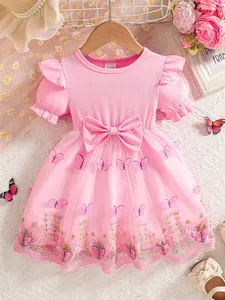 Baby girl's sweet and dreamy summer style pink butterfly embroidery paired with a large bow short sleeved princess skirt, suitable for baby clothes on holidays such as Children's Day and birthday parties