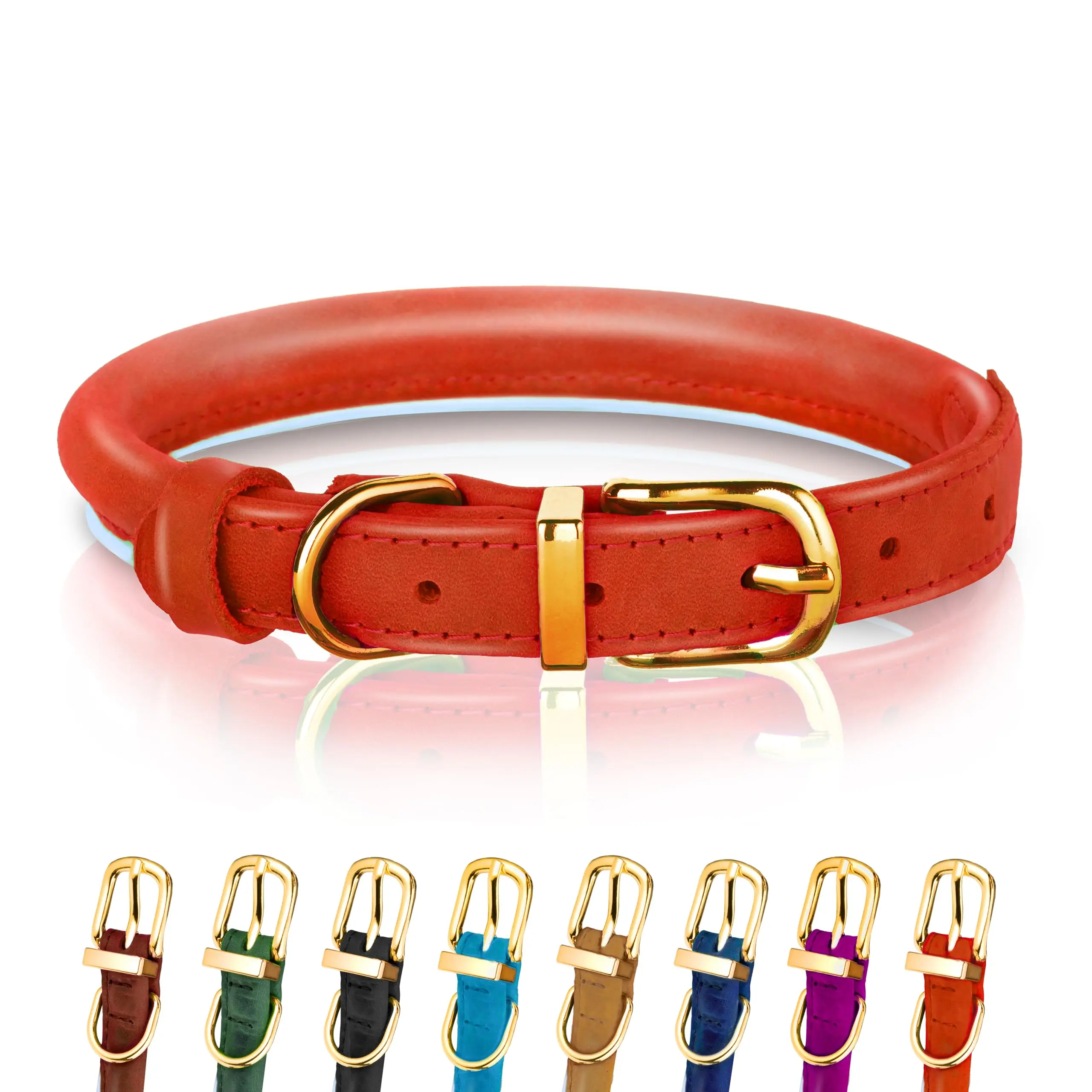 OOPSDOGGY Reflective Rolled Leather Dog Collar for Small Medium Large Dogs Puppy, 8 Colors, 7 Sizes (S, 10"-13", Red)