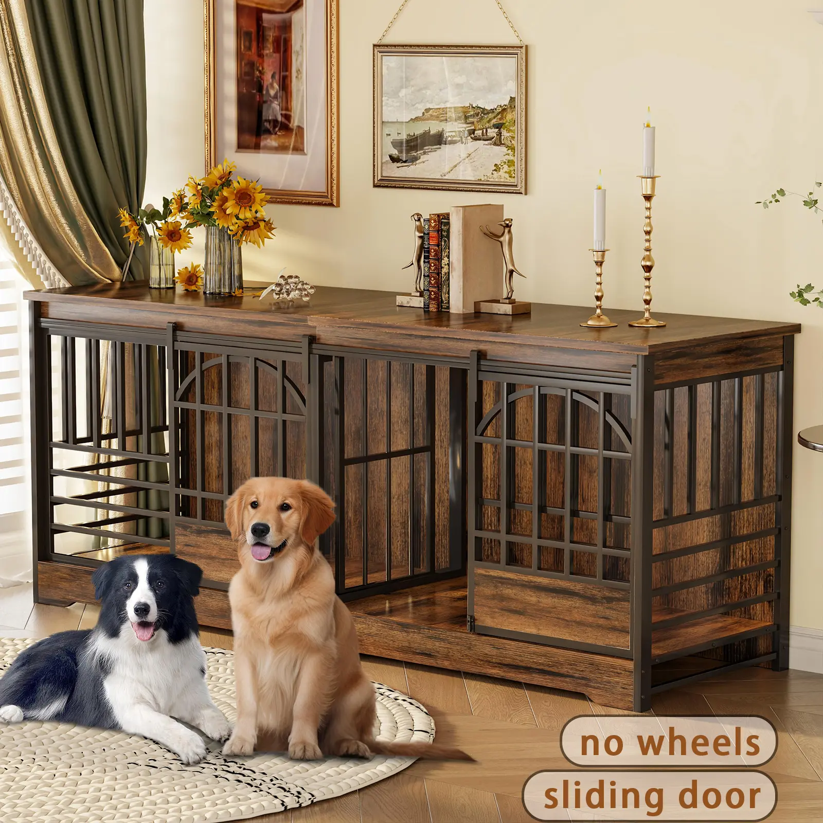 78 Inch Double Dog Crate Furniture, Extra Large Dog Kennel Indoor with Divider, Heavy Duty Dog Cage for 2 Dogs, Decorative Wooden Dog House Decorative Table TV Stand, Pet House for XLarge Dogs,Brown Enclosure Enclosed