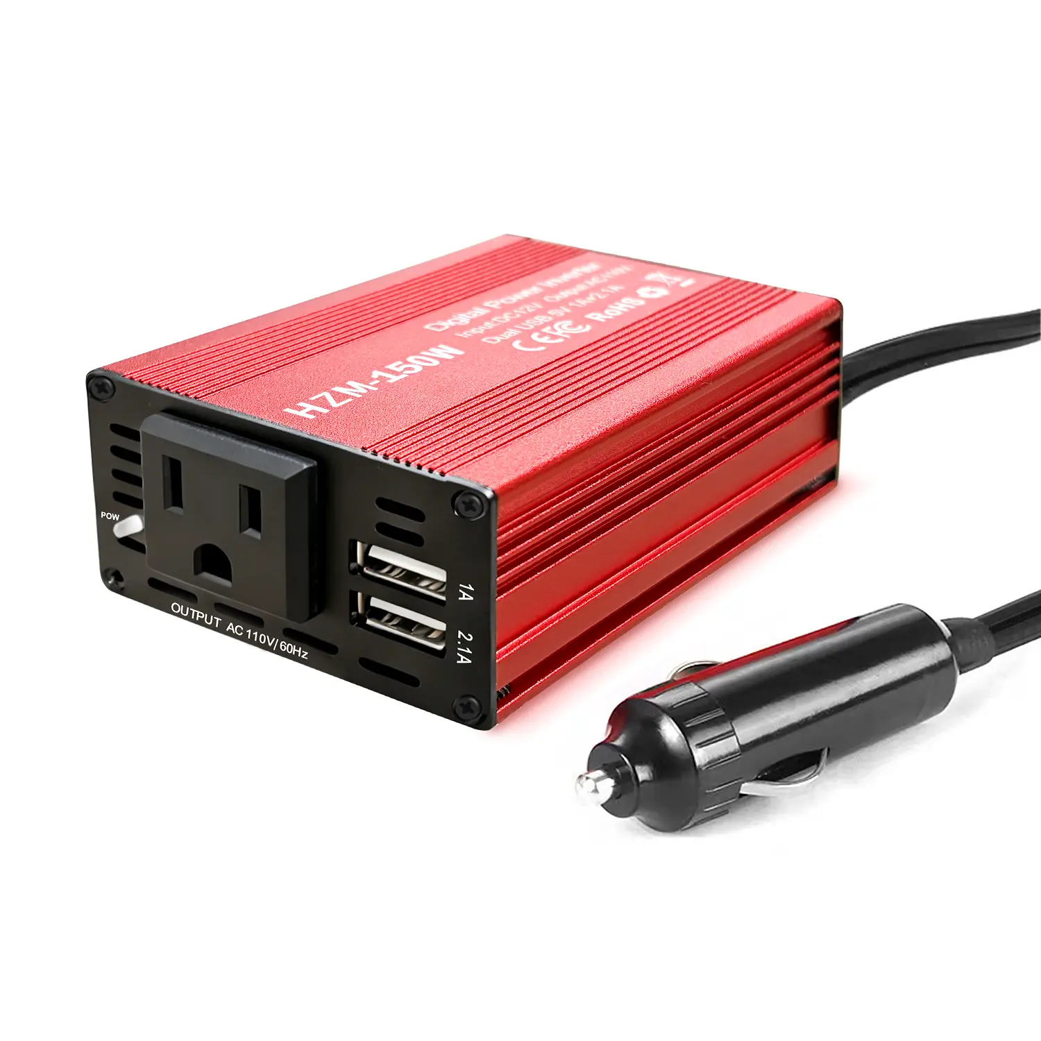 SEGRASS 100-149W Compact Aluminum Shell Car Power Inverter - 12V DC to 110V AC Converter, 3.1A Dual USB Ports Charger, Vehicle Adapter Plug Outlet, 8 oz+ Car Accessories for Work, Road Trips (Classic Red)