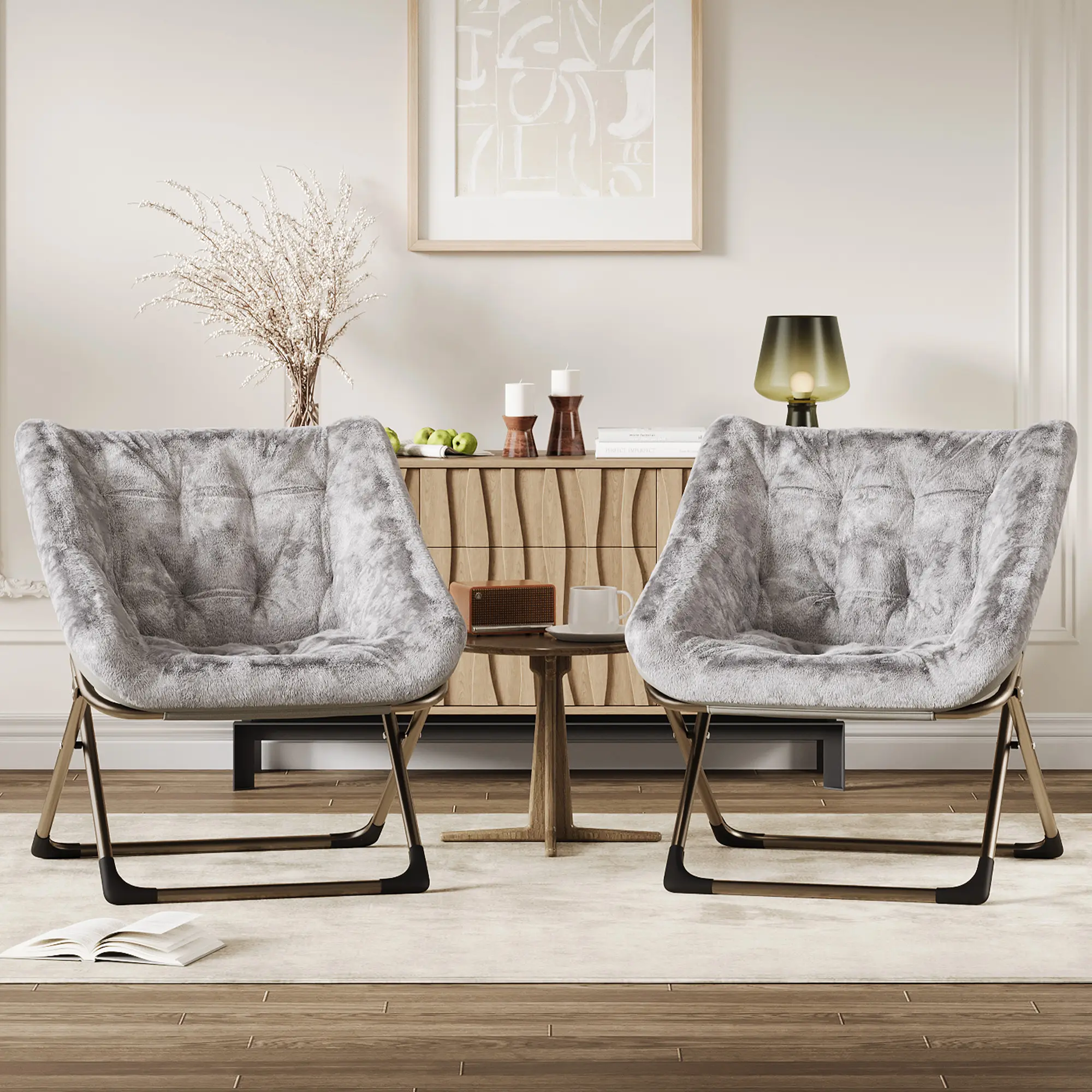 Folding Faux Fur Saucer Chair, Soft Comfy Accent Chair, Sturdy Metal Frame, No Assembly, 300 LB Weight Capacity, for Adult Bedroom Living Room Dorm Apartment,