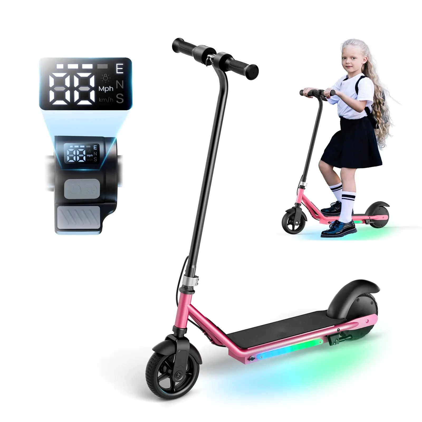 Foldable Adjustable Kids Electric Scooter for Ages 6-14, 150W-200W 150W Motor, 3-Speeds (5/8/12 Mph), Dual Brake Safety, LED Display, Light-Up Wheels Scooters, UL 2272 Certified, 5-in Flash Tire, 154lb Max Load, Grows With Them, Kids Riding