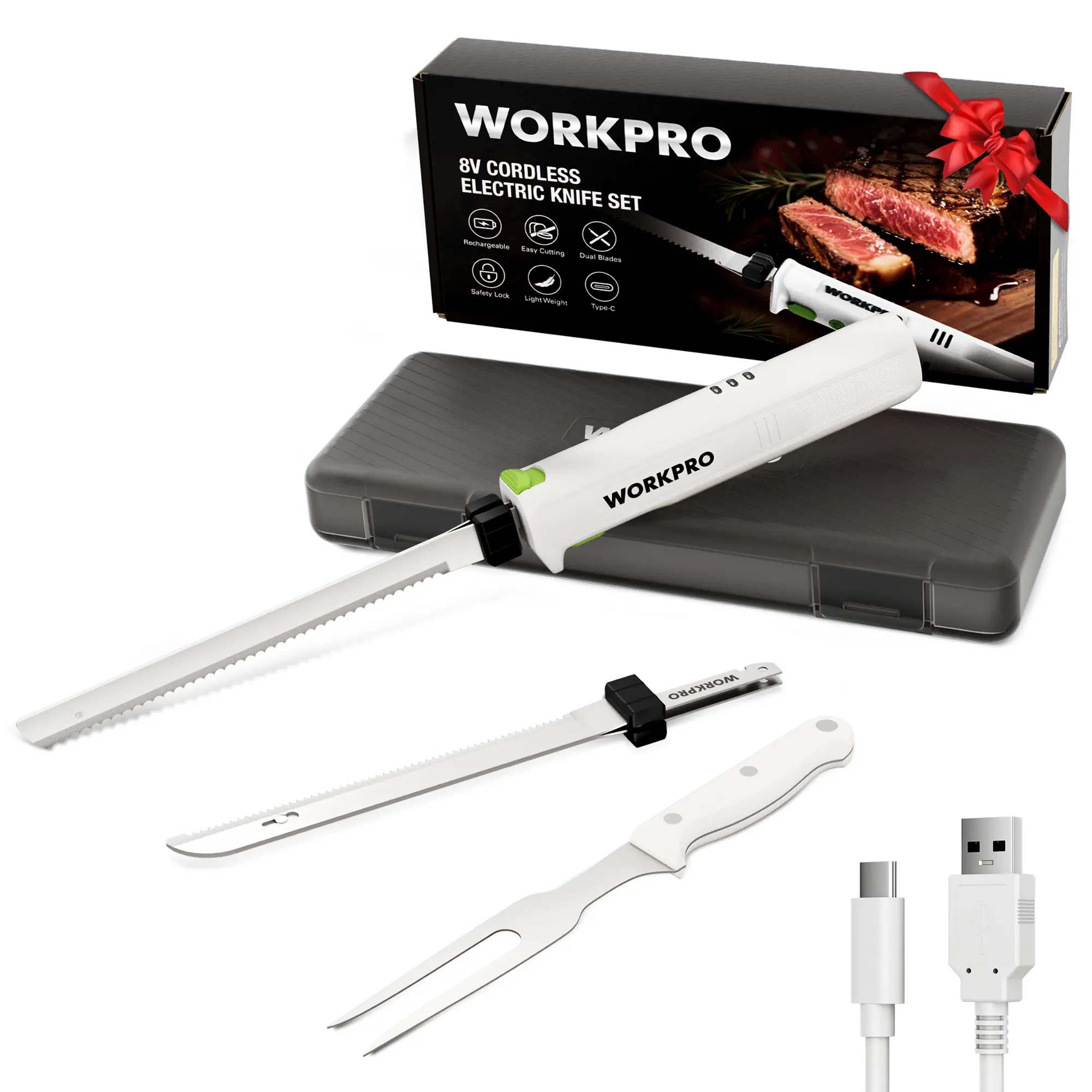 #summersale WORKPRO Electric Knife for Meat Slicing, Cordless Electric Carving Knife for Turkey, Fish & Bread, Two Stainless Steel Blades, Ergonomic Handle, Storage Case & Serving Fork Included, White