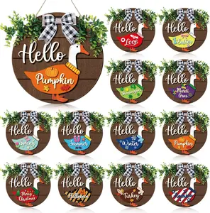 13 count Interchangeable Wooden Goose Decor, 11.8 Inch Holiday Seasonal Welcome Changeable Hello Geese Signs Rustic Farmhouse Front Door Round Wreaths Hanging Decorations for Porch  Outdoor