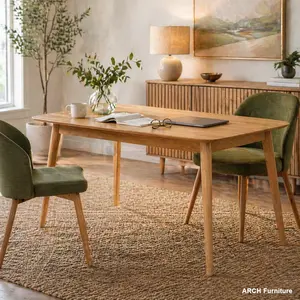 Mid-Century Rectangular Solid Wood Indoor Dining Table - Natural Finish, Low-Maintenance Modern Furniture for Apartments