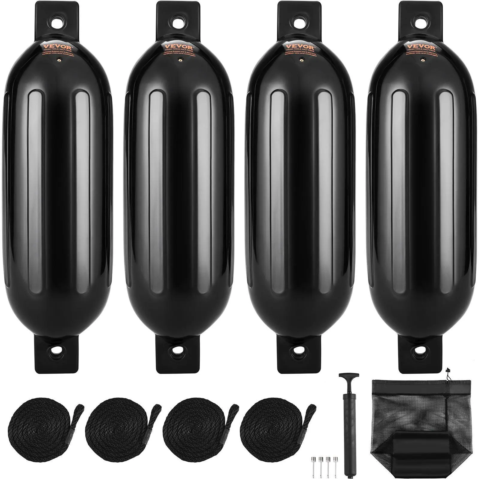 VEVOR 4-Piece Boat Fenders Set, 5.5"x20" Inflatable Ribbed Docking Bumpers with Center Holes, Marine Dock Accessories Including Air Pump, Needles, Ropes & Storage Bag, Black, 4 Pieces