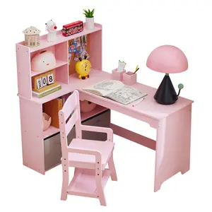 Kids L-Shaped Study Desk and Chair Set – Bulletin Board, Open Shelves, Storage Cabinets, Cloth Drawers, Adjustable Chair, Available in Pink or White