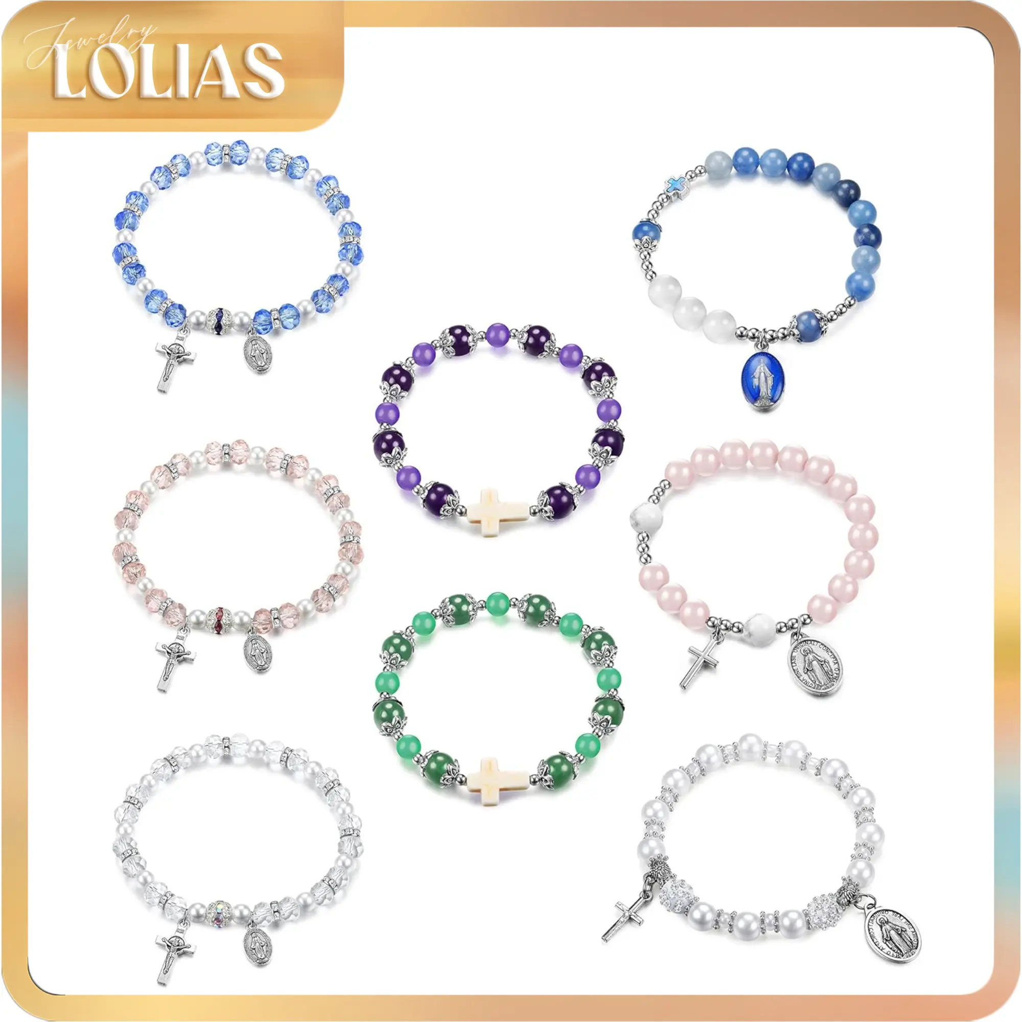 LOLIAS Women's 8-Pcs Catholic Rosary Beaded Bracelets, Stretch Dainty Crystal Cross Charm Bracelets with Crucifix Medal & Tiger Eye Stone Jewelry, Bracelets For Women