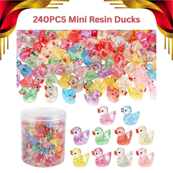 240PCS Mini Resin Ducks – Colorful Glitter Small Plastic Duck Figures, Tiny Bulk Animals for Fairy Garden, Dollhouse, Aquarium & Craft Decorations