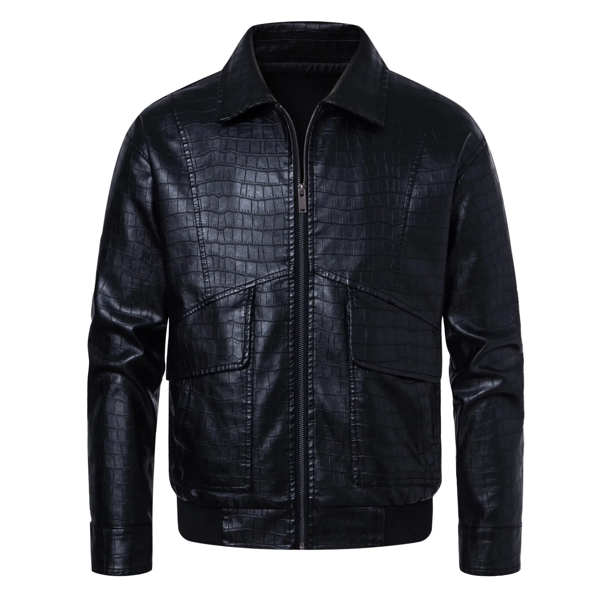 Menswear Crocodile-Patterned Lapel Leather Coat - Shiny, Delicate Stiff Texture, Retro Workwear-Style Large Pocket, Casual Hem, Suitable for Autumn Winter Daily Commute & Street Wear, Ribbed, Zipper, Biker, Fitted, Chain, Outdoor, Croco Pattern, Outdoor W