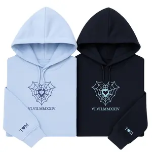 Custom Embroidered Spider Web Heart Hoodies for Couple, Personalized Roman Numeral Matching Hoodies, Anniversary Valentines Gift