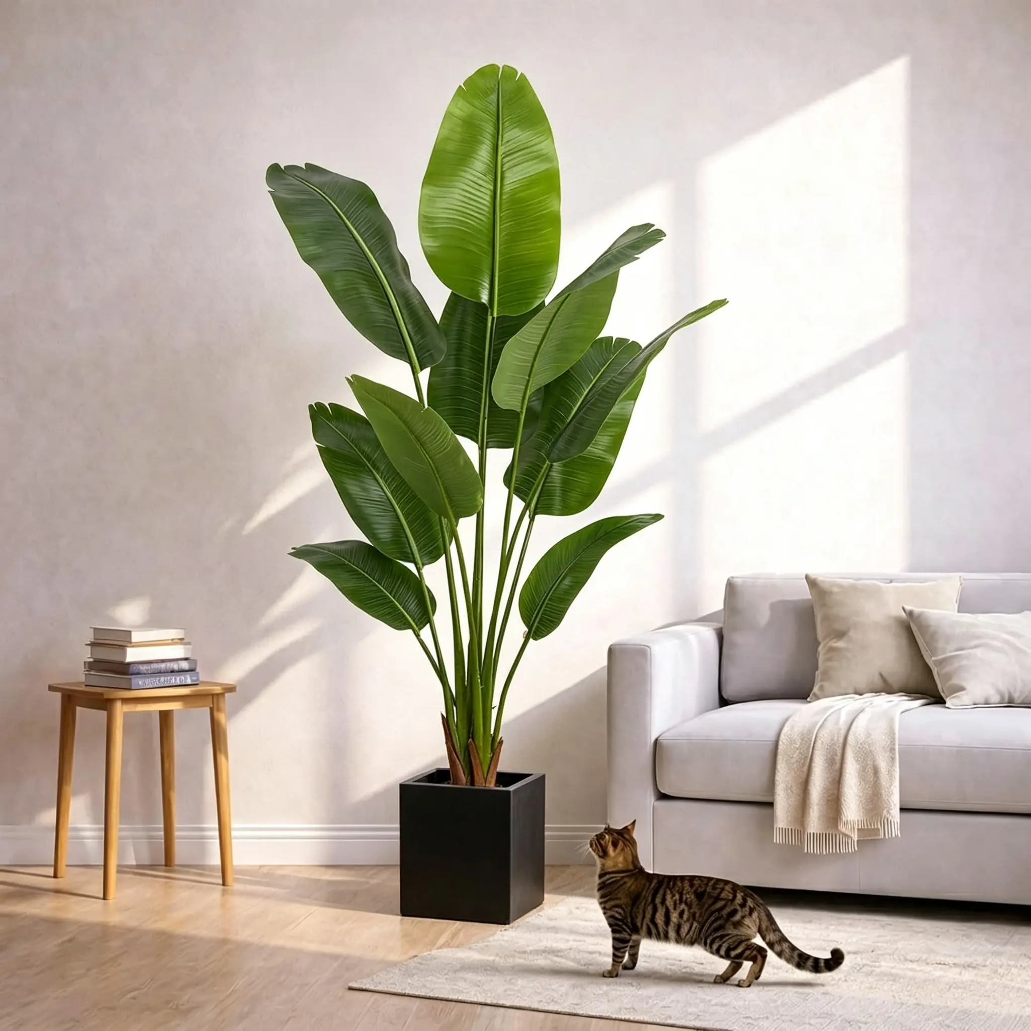 4FT Realistic Artificial Bird of Paradise Plant, Fake Tropical Palm Tree with Lifelike Leaves, Faux Potted Floor Plant for Living Room Office Home Indoor Decor