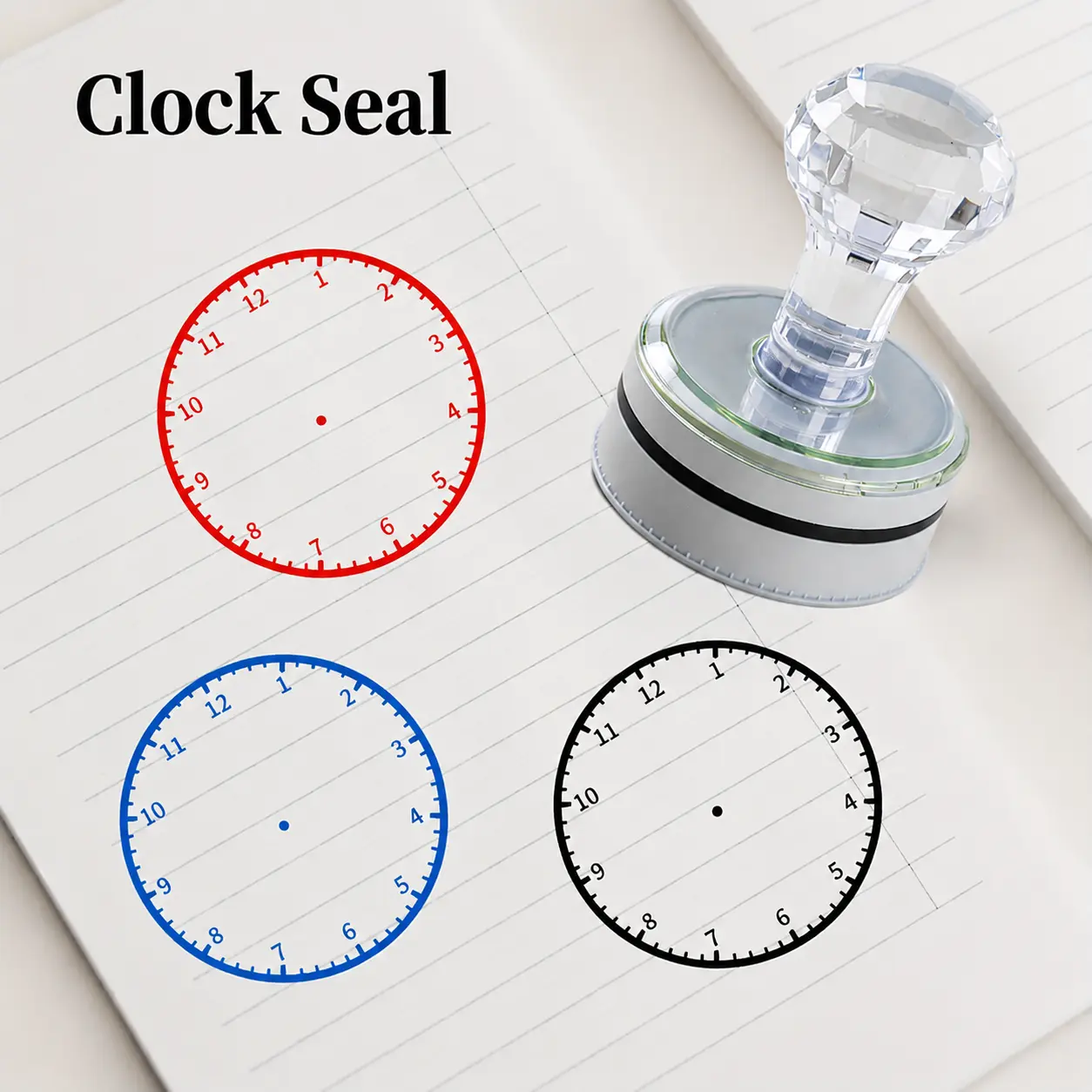 1.5 Inch Round Clock Stamp - Red/Blue/Black Time Tracking Stamps with Clear Hour Markers for Classroom Rewards, Productivity Tracking, Study Sessions & Time Management - Durable Plastic Hourly Time Management Tool for Students & Office Use