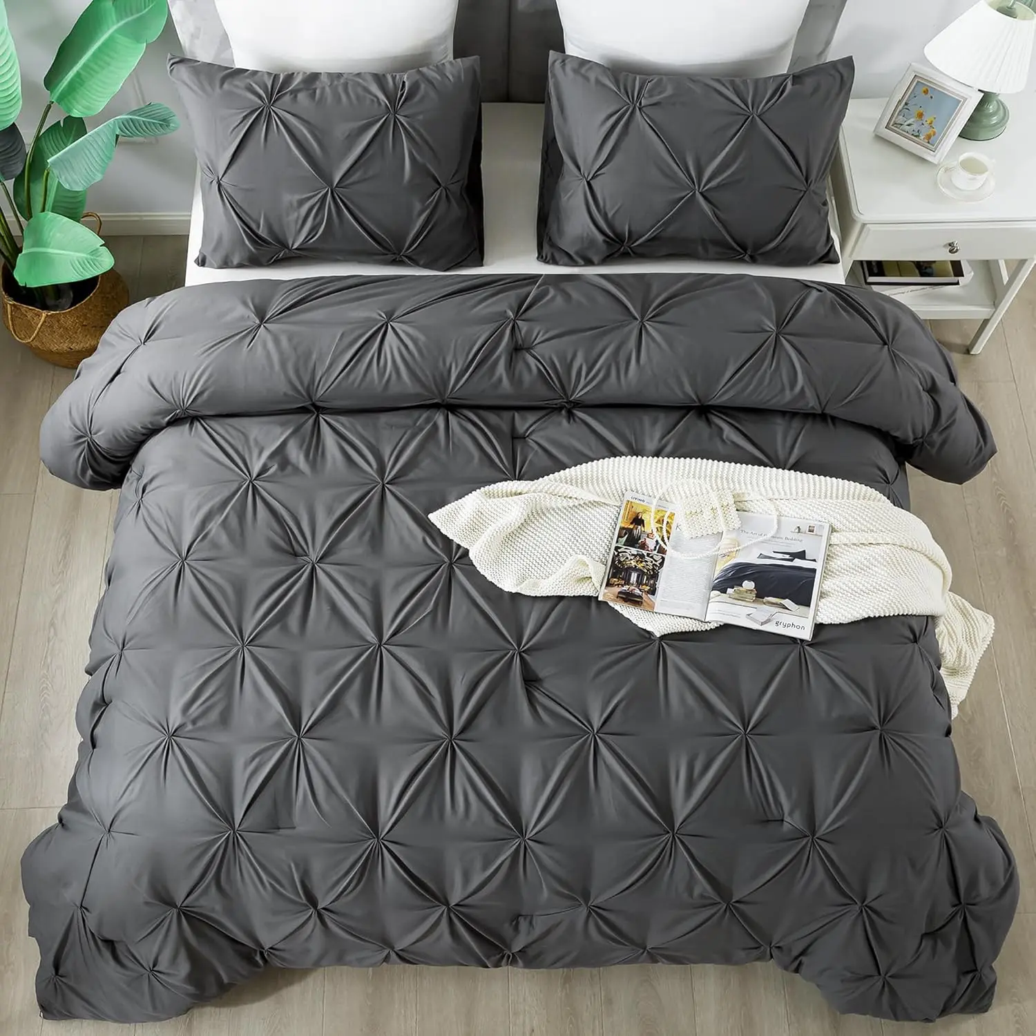 Handmade Modern Gray Pinch Pleat Twin Size Comforter Set (66x90in) - 2 Microfiber Pintuck Down Alternative Bedding Pieces, 1 Pillowcase, Soft Fabric, All Seasons, Durable; Set Includes Comforter & Bedding Accessories