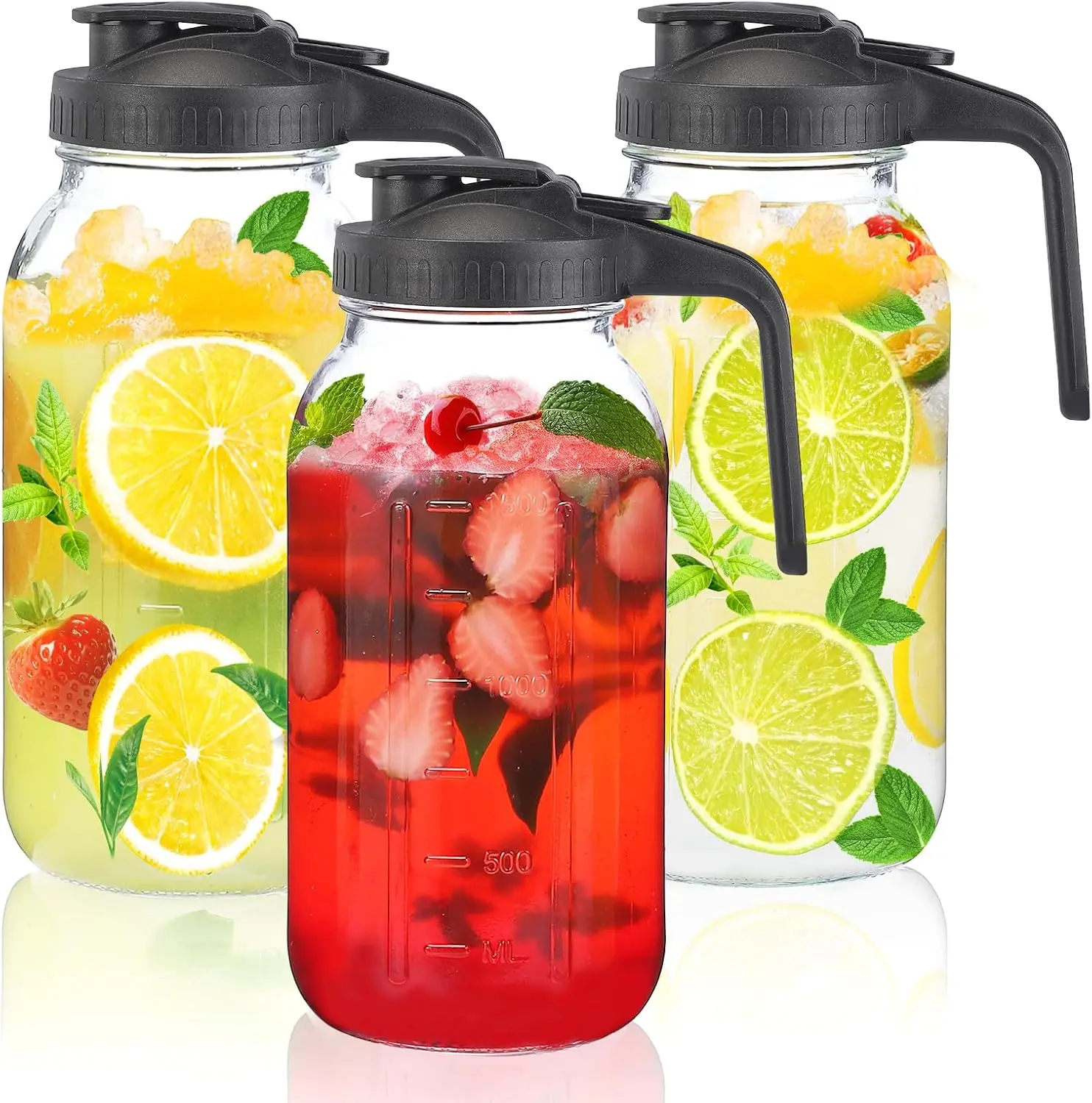 3Pack 64OZ Glass Mason Jar Pitcher with Pour Spout Lid | Double Leakproof Glass Mason Jar Pitcher with Pour Spout Lid, for Breastmilk, Sun Tea, Juice, Cold Brew Coffee, Water sponge brush
