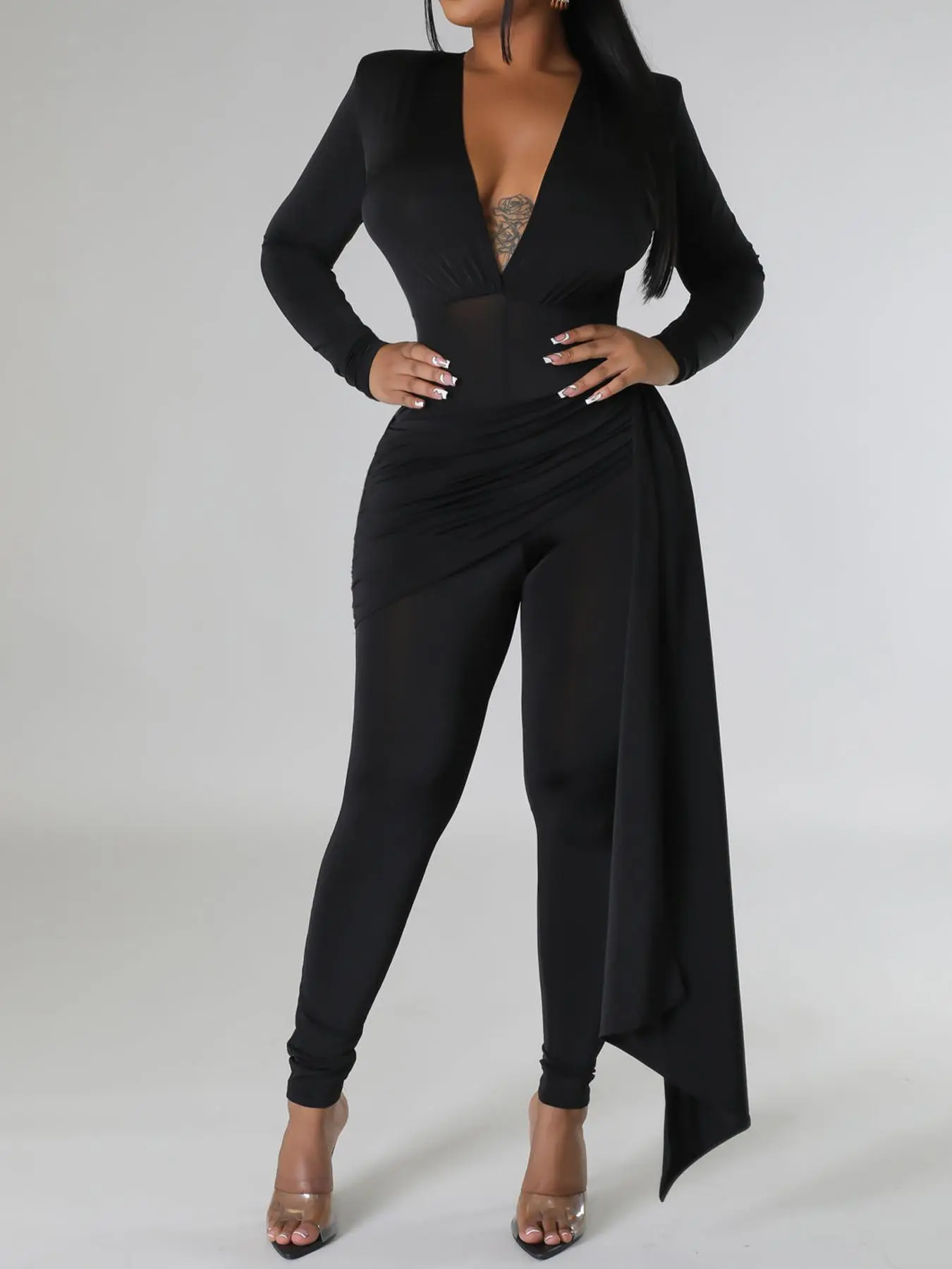 Sexy Deep V Long Sleeve Bodycon Jumpsuit, Elegant Chic Plain Design, Tight-Fitting & Slimming Effect, All Season Wearable, Womenswear