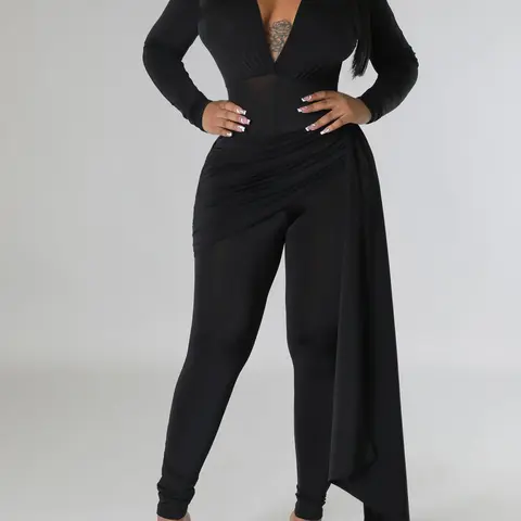 Sexy Deep V Long Sleeve Bodycon Party Jumpsuit, Elegant Plain Design, Tight-Fitting & Slimming Effect, All Season Wearable, Womenswear