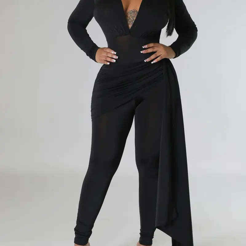 Sexy Deep V Long Sleeve Bodycon Party Jumpsuit, Elegant Plain Design, Tight-Fitting & Slimming Effect, All Season Wearable, Womenswear
