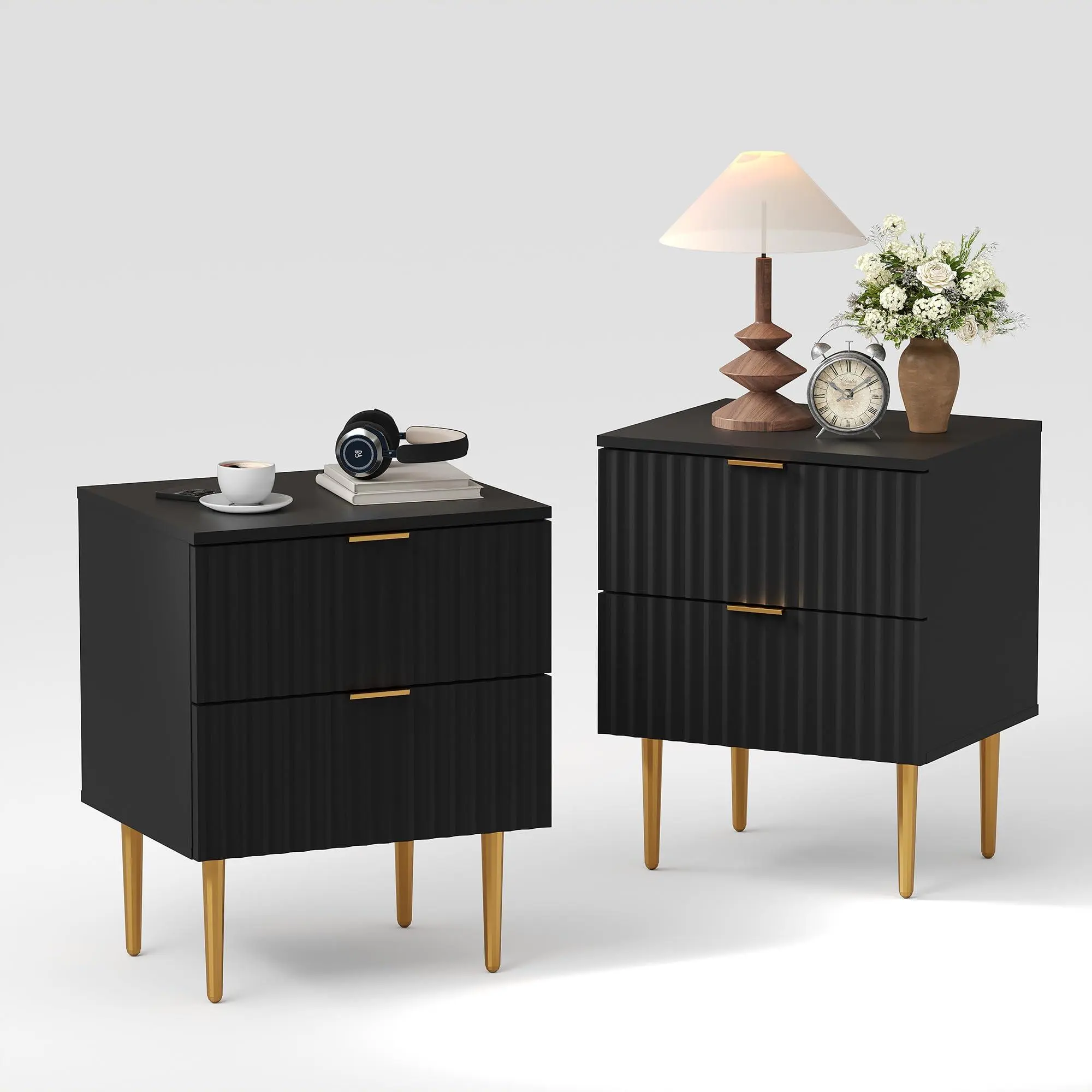 Black Modern Nightstand with 2 Drawers, 2pcs Golden and Wood Fluted Night Stand, Bedside Table, Side Table for Bedroom Apartment