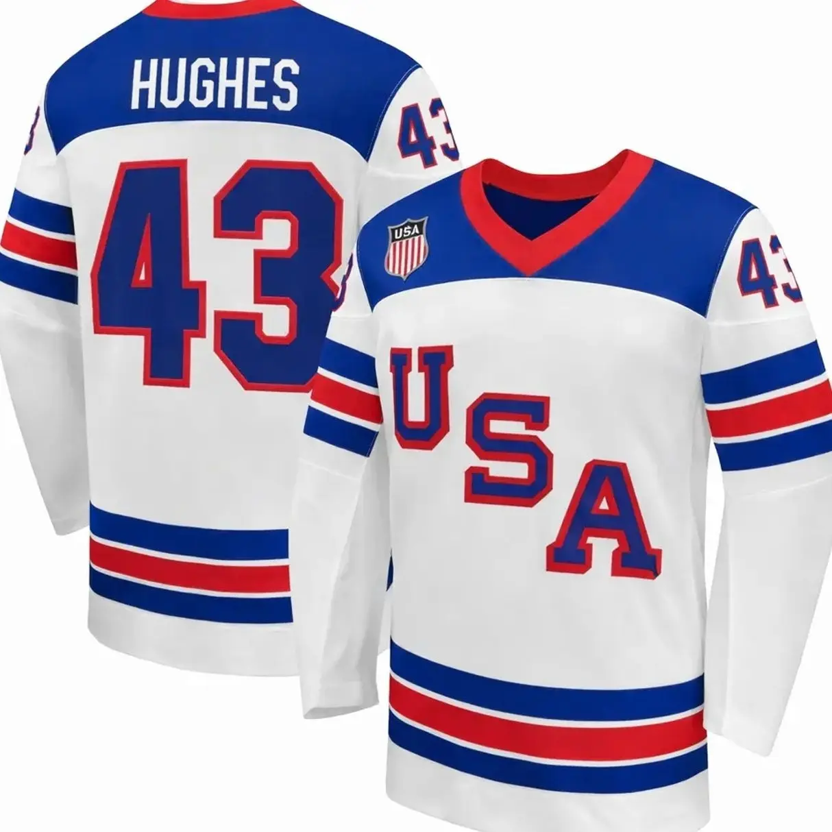Men’s #43 Hughhess White Away Hockey Jersey, 2026 Hockey Team Shirt Replica, Hockey Gifts for Fans
