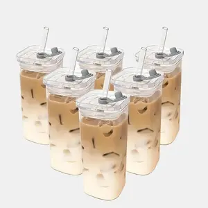 Portable Drinking Cup, 4/6 Counts Heat-resistant Glass Mug with Lid & Straw, Durable Glass Cup for Home School Outdoor PrimePickGlobal kitchen gadgets Bottle Clear