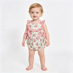 Gingham watermelon floral printed bubble ruffle baby girls summer romper