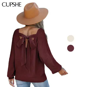 CUPSHE Long Sleeve V-Neckline Fall Sweater Oversized Bow Casual Knitwear Striped Womenswear for Fall/Winer 2025 Homecoming Outfits Knitting Tops