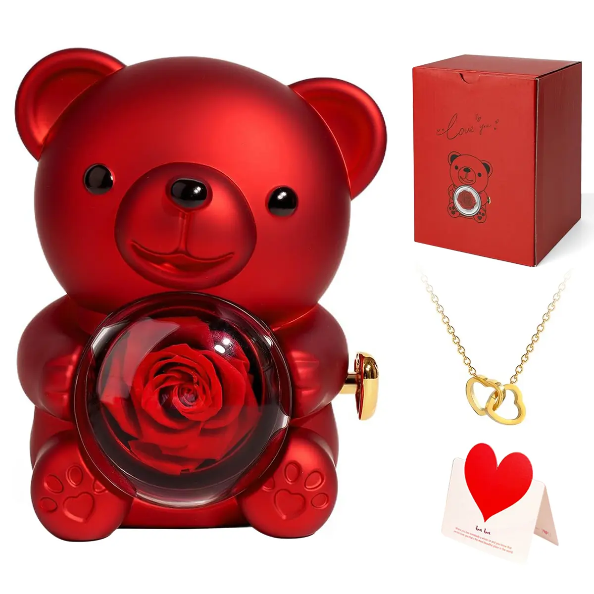Surprise Gift,Romantic Teddy Bear Jewelry Gift Box with Preserved Rose | Eternal Rose Bear with Heart Necklace | Perfect Romantic Gift for Valentine's Day, Weddings, Anniversaries, Recyclable Suprising Gift Box,Mother’s Day #SummerVibes