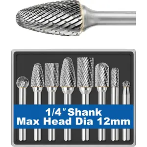 Sworker 8Pcs Carbide Burr Set 1/4 Shank w/Clear Box Max Head Dia 12mm Die Grinder Bits Rotary Tools Attachment Kit Rasp Accessories Metal Wood Stone Steel Grinding Deburring Cutting Porting Carving