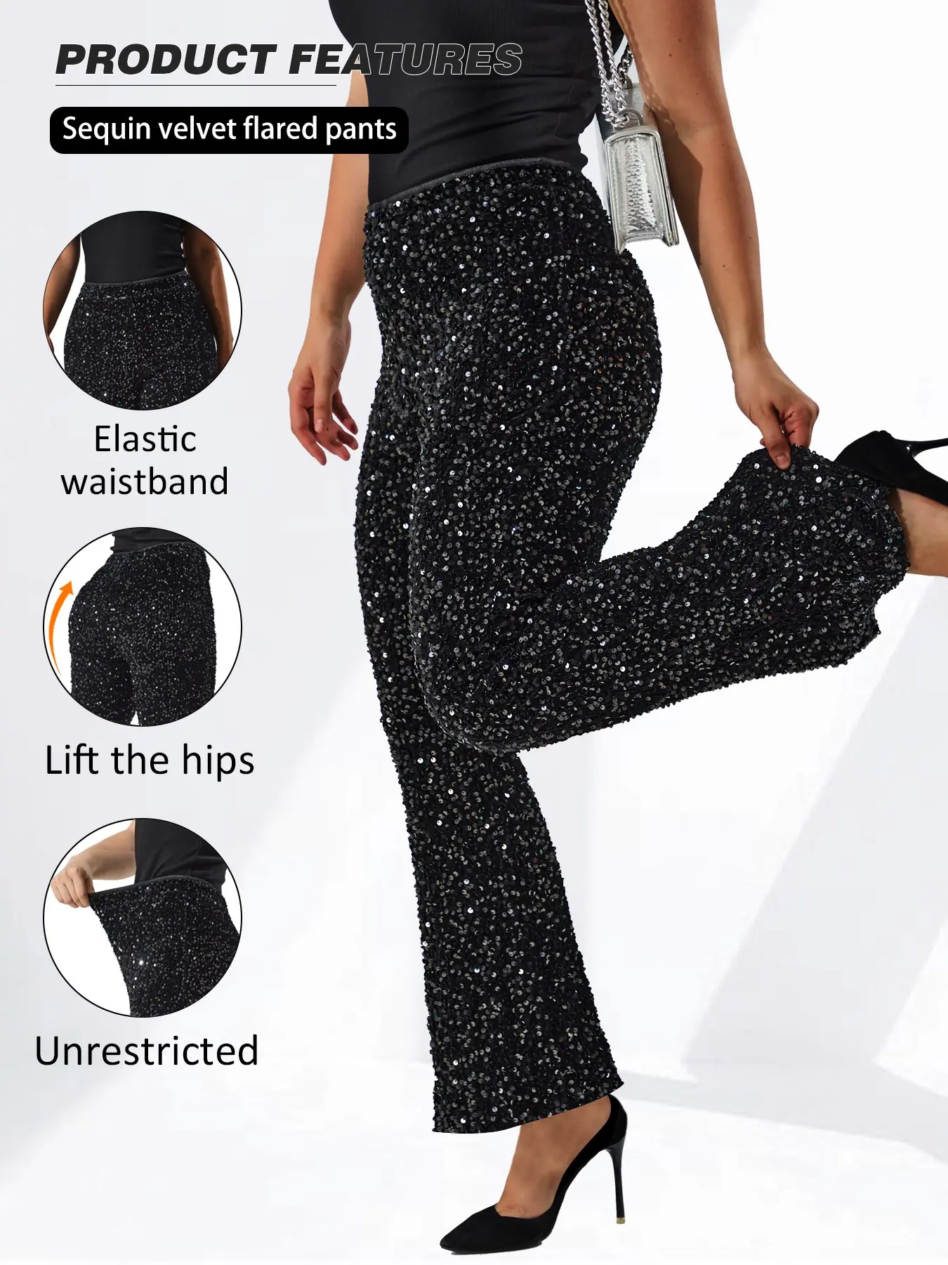 Plus Size Sequin Flare Pants Trouser Bottom for Women, Fit Elastic Waist Knit Fabric Long Leggings, Fashionable Design, Comfortable Casual Wear, Womenswear, Bell Bottom Pants