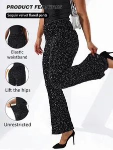 Plus Size Sequin Flare Pants for Women, Elastic Waist Knit Fabric Long Leggings, Fashionable Design, Comfortable Casual Wear