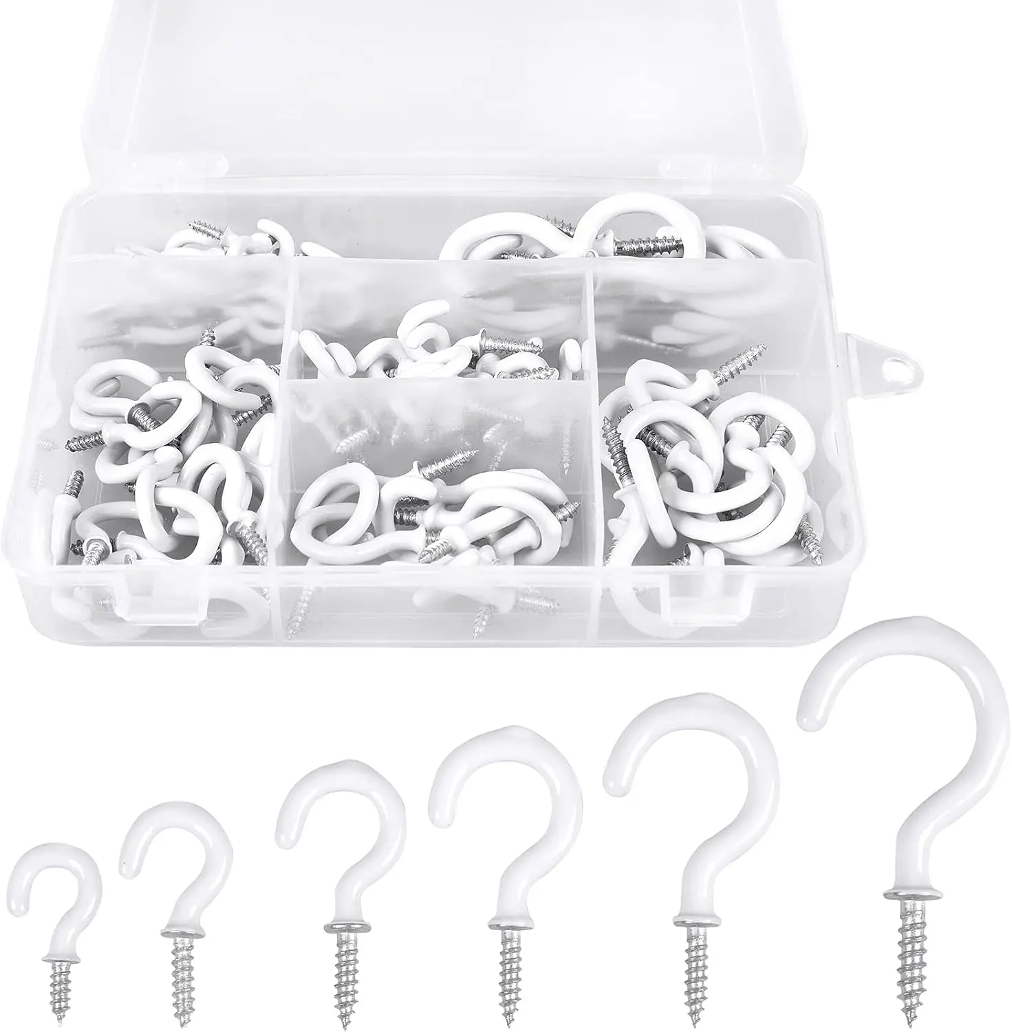 90 Pcs White Ceiling Hooks kit, 6 Sizes Vinyl Coated Screw-in Plant, Kitchen, Cup, Ceiling Hooks for Hanging (1/2in, 5/8in,3/4in,7/8in,1'',1-1/4in)