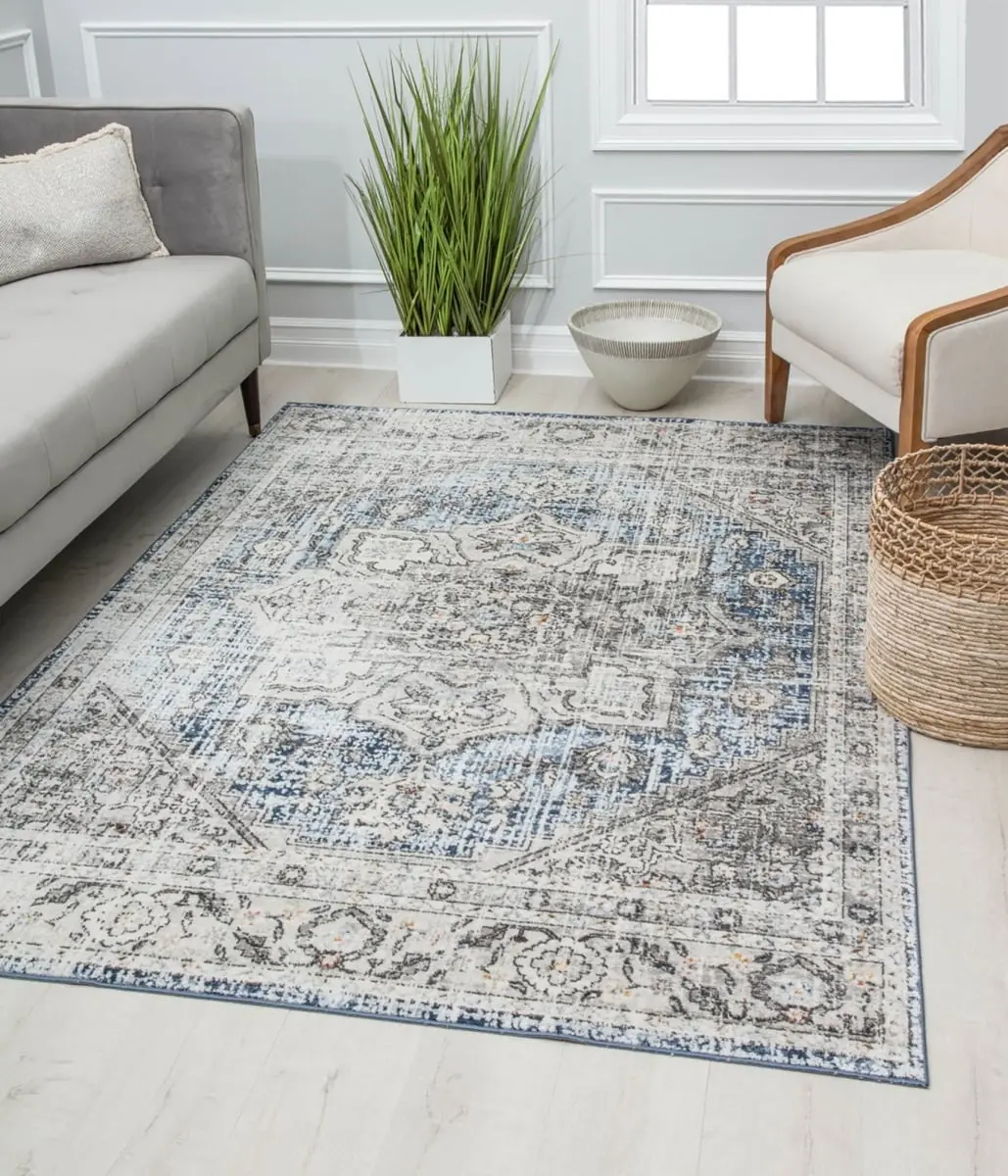 212 MAIN Preston PS40A Magnolia Hatchwork Crosshatch 8x10 ft. Rectangle Decorative Area Rug - Transitional Vintage Gray Mediterranean Home Decor Indoor Rug, Home Decor Rug