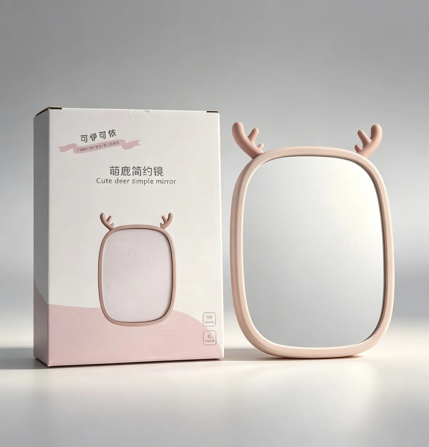 Cute Deer Simple Mirror with Pink Frame and Antler Design for Home Decor
