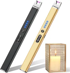 Birthday Christmas Gifts for Mom Men 2 Pack USB Arc Rechargeable Windproof Long Lighters for Candle, Grill, BBQ, Camping(Black, Gold)