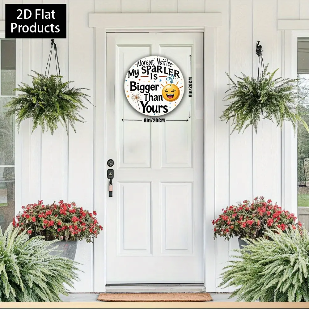 1piece "My Sparkler Is Bigger Than Yours" Round Wall Art - Vintage Aluminum Metal Sign 8x8 Inch, Durable Reusable Holiday Decor for Bedroom, Living Room, Office, Cafe - Festive Confetti & Stars Design, Ceiling Decoration, 2D Flat,Wall decor,Posters