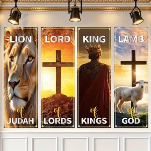 Lion & Cross Pattern Backdrop Banner, 4 Counts/set Easter Theme Backdrop Banner, Church Sanctuary Walls Decorations, Home Wall Decorations