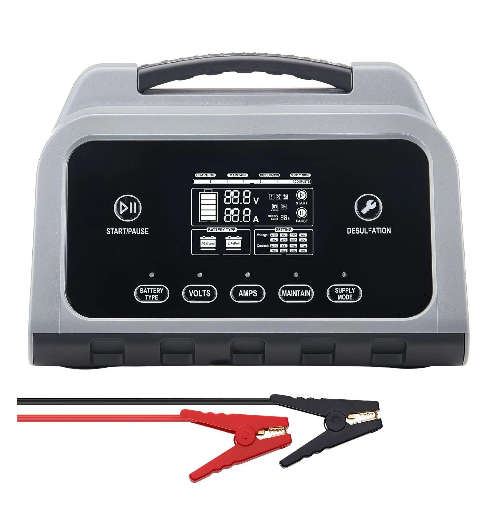 12A Smart Battery Charger 6V 12V 24V 36V 48V LiFePO4 Lead-Acid, LCD Display, Maintainer Desulfator for Car Boat Motorcycle