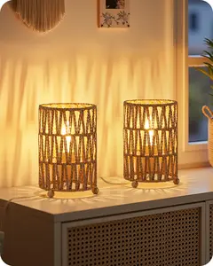 Small Rattan Table Lamps Set of 2, Boho Bedside Lamps Plug in, Handwoven Paper Rattan Lampshade, 2400K LED Bulb Included, Desk Lamp, Nightstand Lamp for Bedroom, Living Room, Mesh
