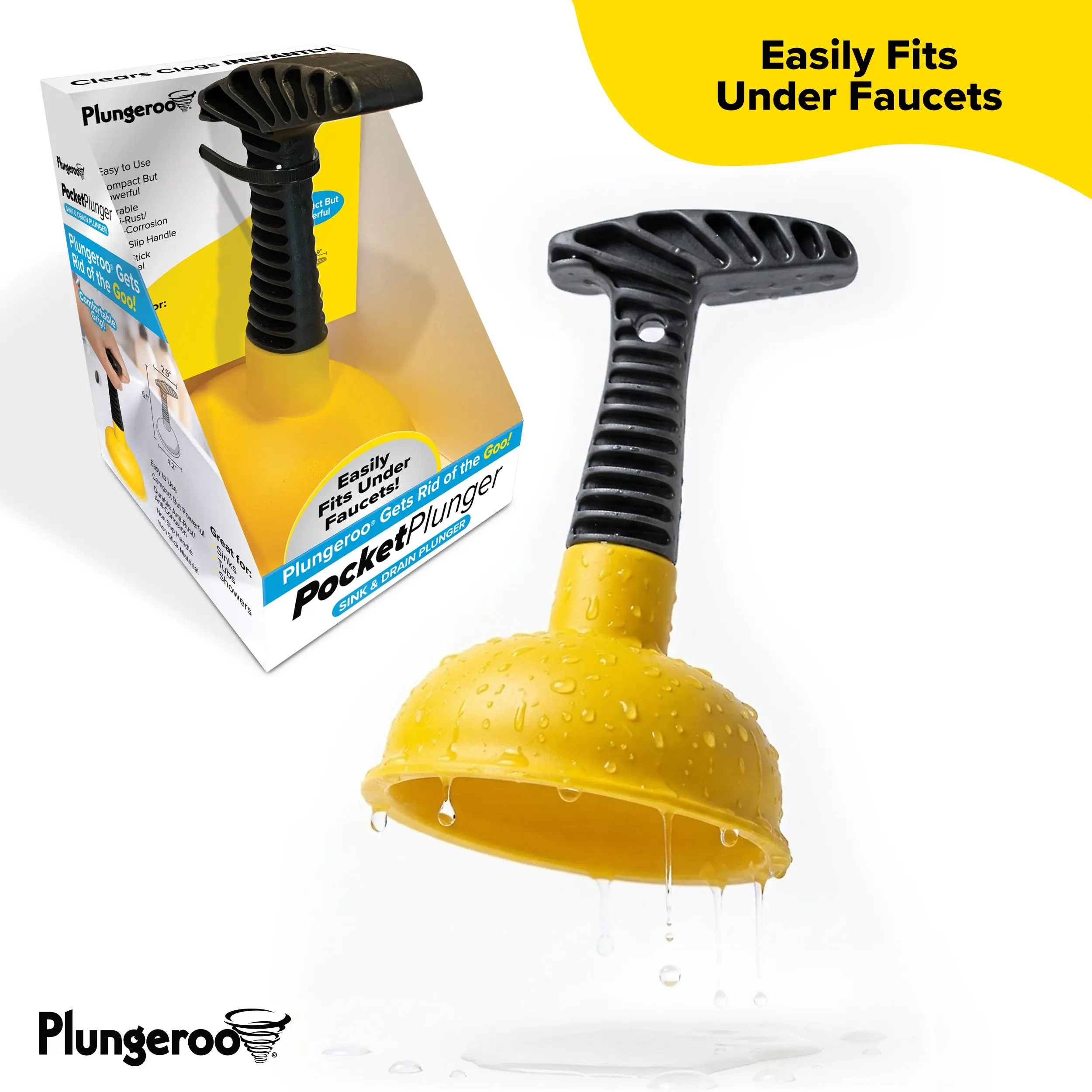 Plungeroo Pocket Plunger |  Mini Sink Plunger Non-Slip Handle Unclogging Tool for Quick Drain Clog Removal Plumbing Tool Plastic