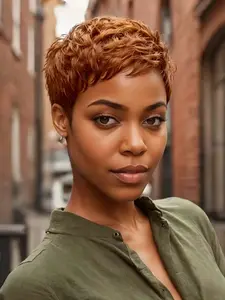 Women's Pixie Cut Wig Glueless Human Hair Short Layered Design No Lace Front Casual Style Full Machine-Made Synthetic Fiber Human Curly Wig