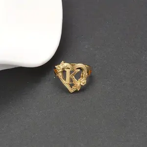 1pc Adjustable Heart-Shaped Initial Ring - Golden-Tone Copper, A-Z Letter Design, Cute Fashion Jewelry for Girls, Perfect Gift for Birthdays, Anniversaries & Special Occasions, Cute Jewelry, Anniversary Gift, Playful Design, Durable Jewelry