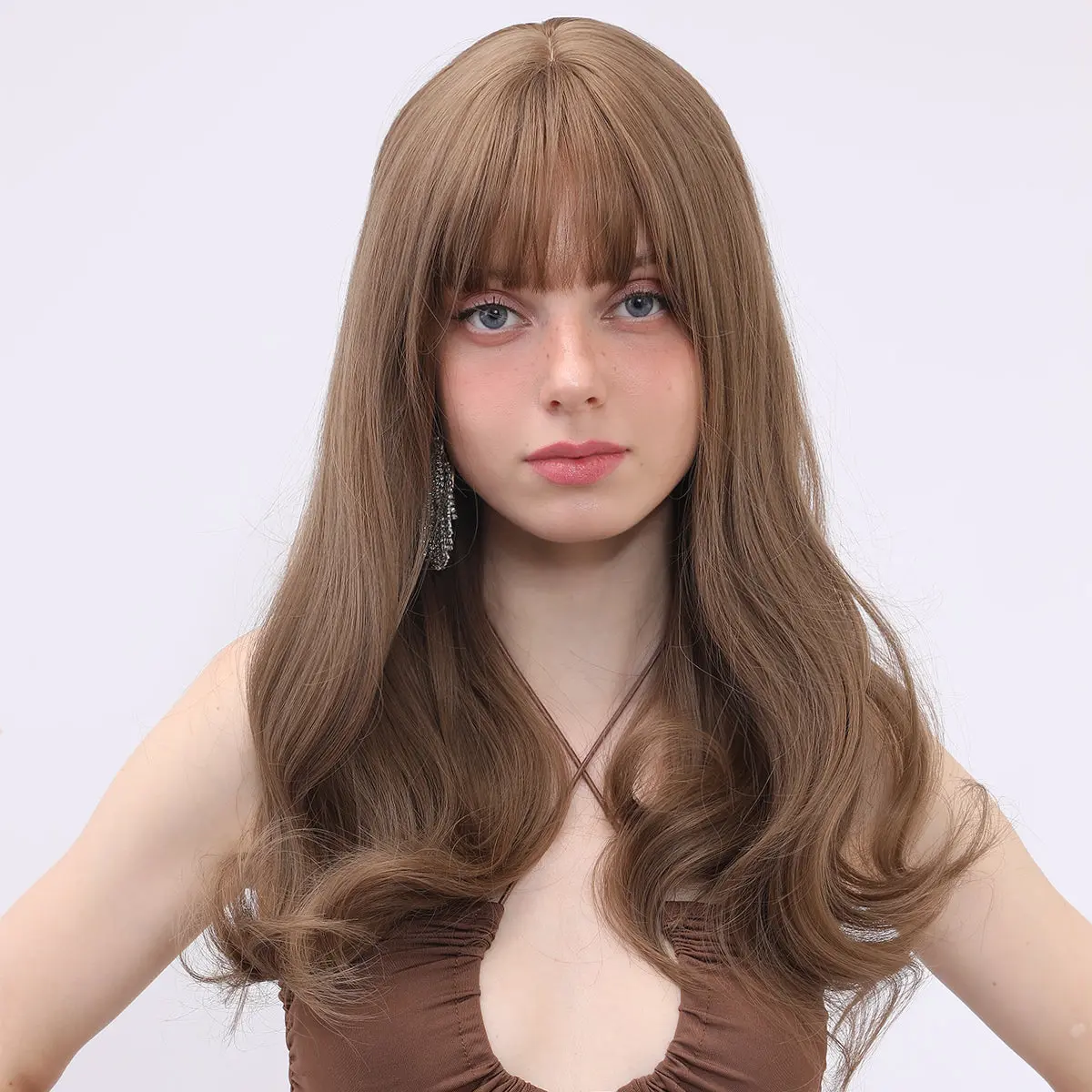 SMILCO Female Hair Wig - 20-inch Light Brown Loose Wavy with Wavy Bangs, Heat Resistant Synthetic Lace Front Wig for Beginners, SM8012-2, Hair Wigs, Loose Curly Wig