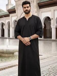 Moroccan Traditional Men's V-Neck Embroidered Robe, Loose-Fit All-Season Clothing, Ideal for Eid and Gift-Giving, Traditional Arabic Robe