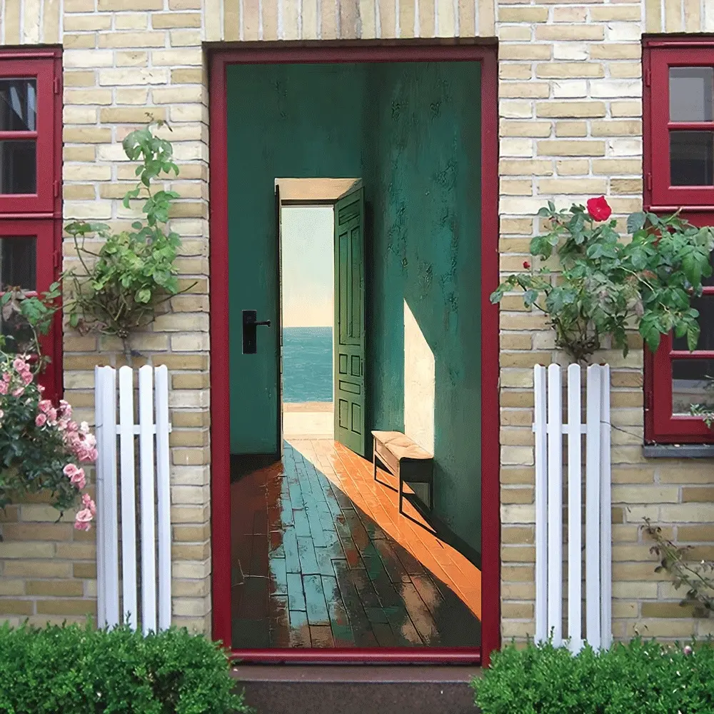 2 Mediterranean Style Green Wooden Door Sea View Wall Sticker Living Room Bedroom Decorative Sticker Self Adhesive Removable Stereo Wall Art Home Wall Decorative