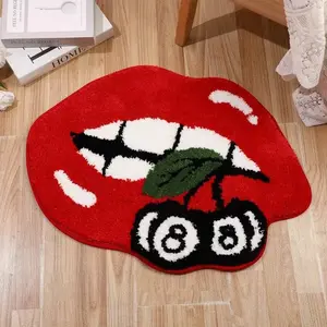 Red lip cherry shaped carpet with red and black contrasting plush floor mat, bedroom bedside anti slip and absorbent foot mat, entrance dust removal and easy maintenance door mat, Bedroom Rugs, Home Decorative Rug, suitable for ins style