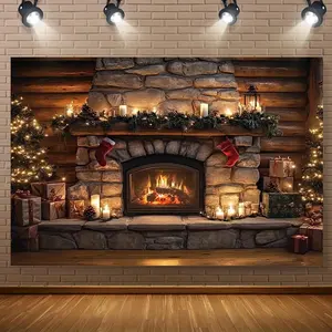 1pc Rustic Stone Fireplace Backdrop with Flickering Candles - Realistic Fireplace Scene with Glowing Embers & Warm Lighting, Durable for Christmas, Weddings, Seasonal Home Decor - All-Season Cozy Fireplace Wall De Ornaments Decoration