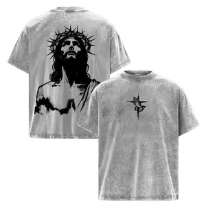 Men's Short-Sleeve Jesus Crown of Thorns Vintage Washed T-Shirt - Menswear Christian Faith Casual Distressed Streetwear Top, Father's Day Gift