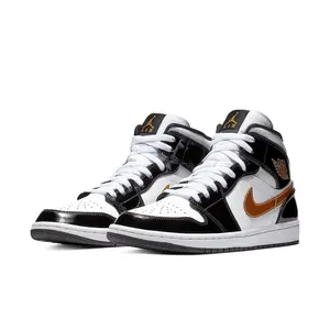 Jordan 1 Mid Patent Black White Gold Men's 852542-007 New Sneakers