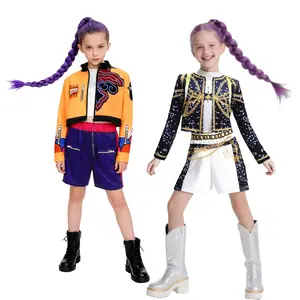 Girl K-Pop Roles Costume Set 3pcs Mira Rumi Mira Role Play Character-Based Crop Top shorts All Seasons Fitted Kint Fabric Moderate Thickness 3D Printed Patterns Golden Costume for Kids Comfortable Fabric Superstar Outfit